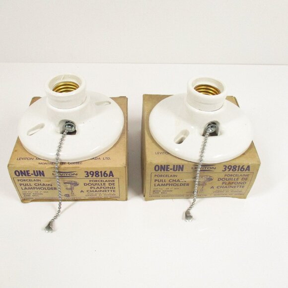 2 Vintage UNUSED Leviton Porcelain Lampholder W/ Pull Chain, White Model #39816 - Picture 1 of 8